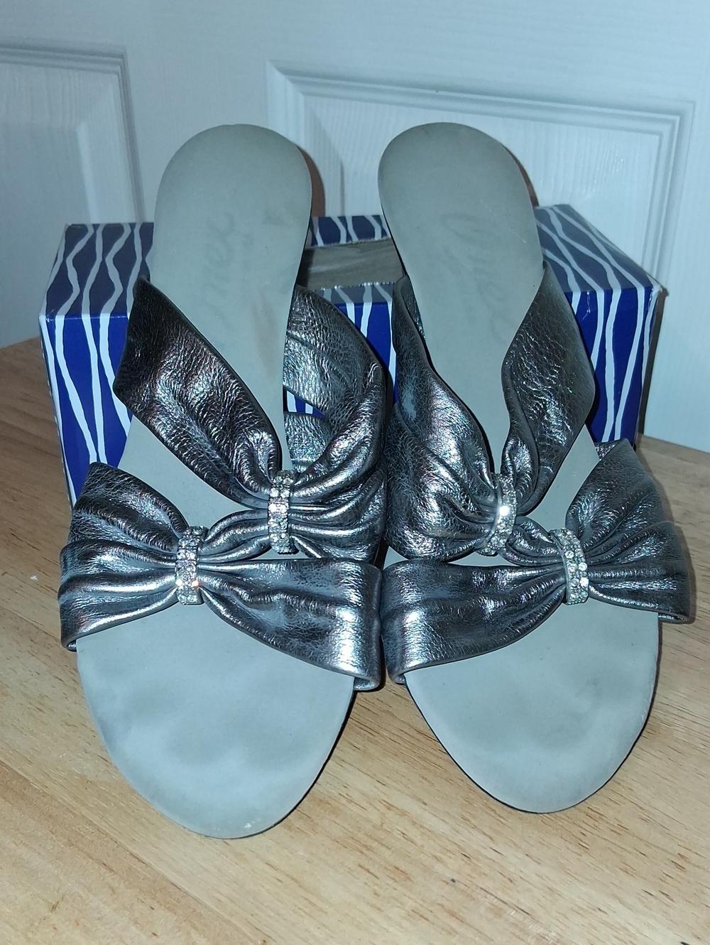 Onex Metallic Gunmetal Bow Slide Sandals with Rhinestone Accents